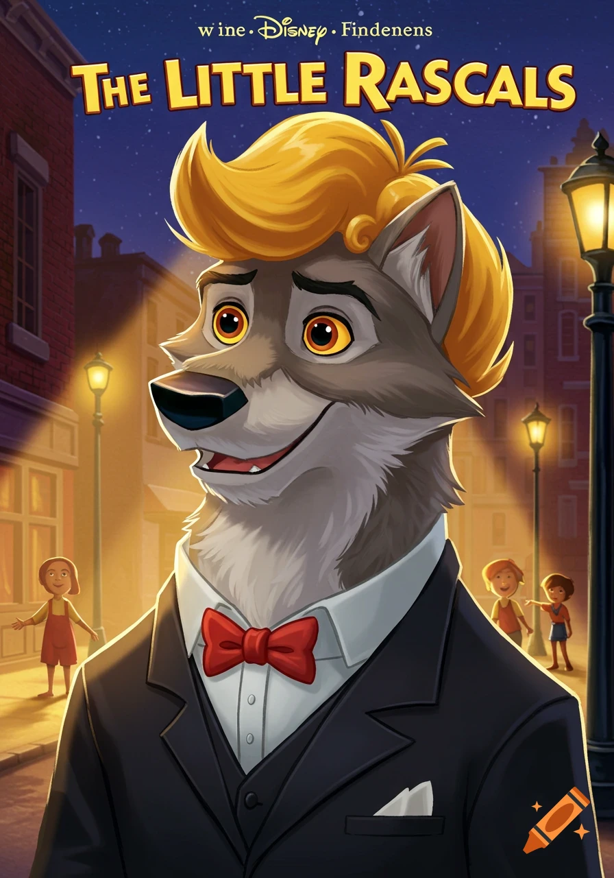 Amblimation style movie poster of an anthropomorphic wolf in a suit and bow tie with blonde Alfalfa hair, titled "The Little Rascals."