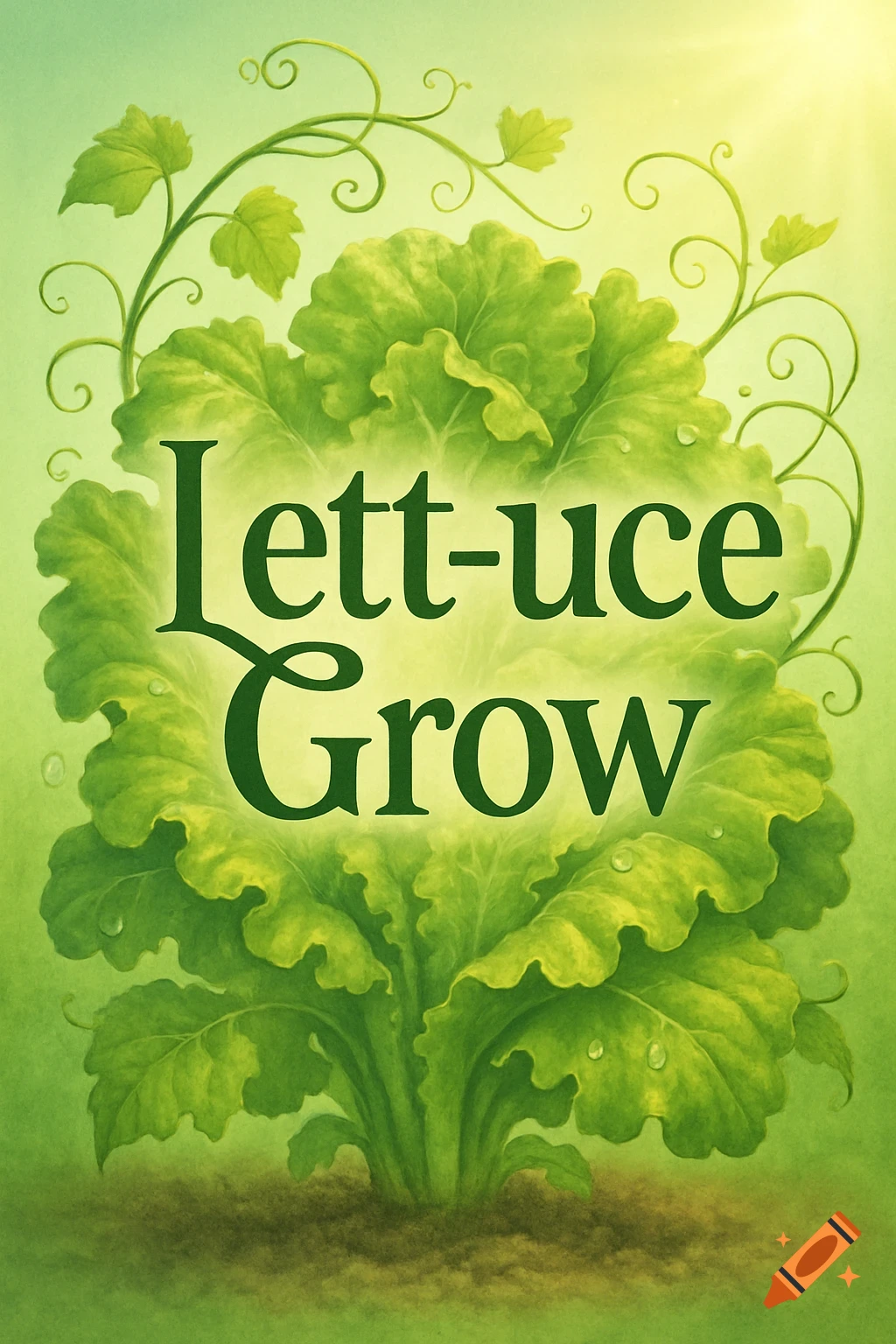 An illustration of a head of lettuce with green vines and leaves, with the text 'Lett-uce Grow'.
