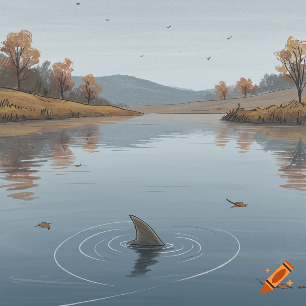 Illustration of a shark fin emerging from a calm river in an autumn landscape with rolling hills and fall trees.