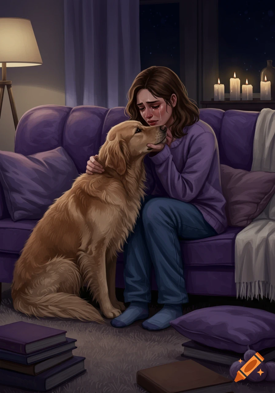 Digital illustration of a crying woman on a purple couch, being comforted by a golden retriever in a dimly lit room.