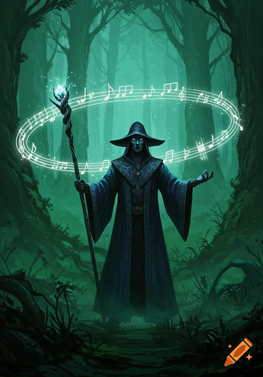 A dark wizard with glowing eyes and a staff stands in a mystical forest, surrounded by floating musical notes, rendered in a digital painting style.