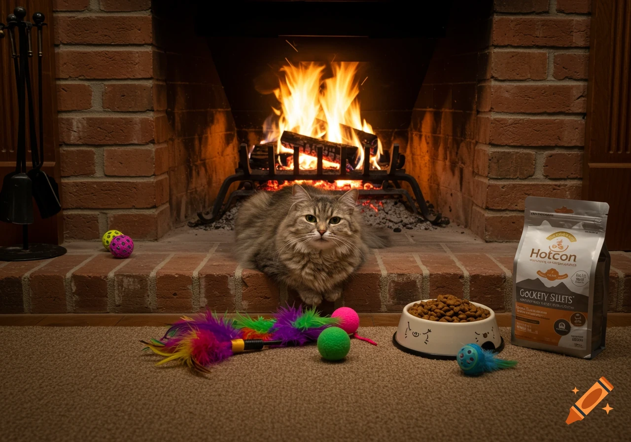 A fluffy cat sits on a brick hearth in front of a roaring fireplace, surrounded by colorful cat toys and a bag of cat food.