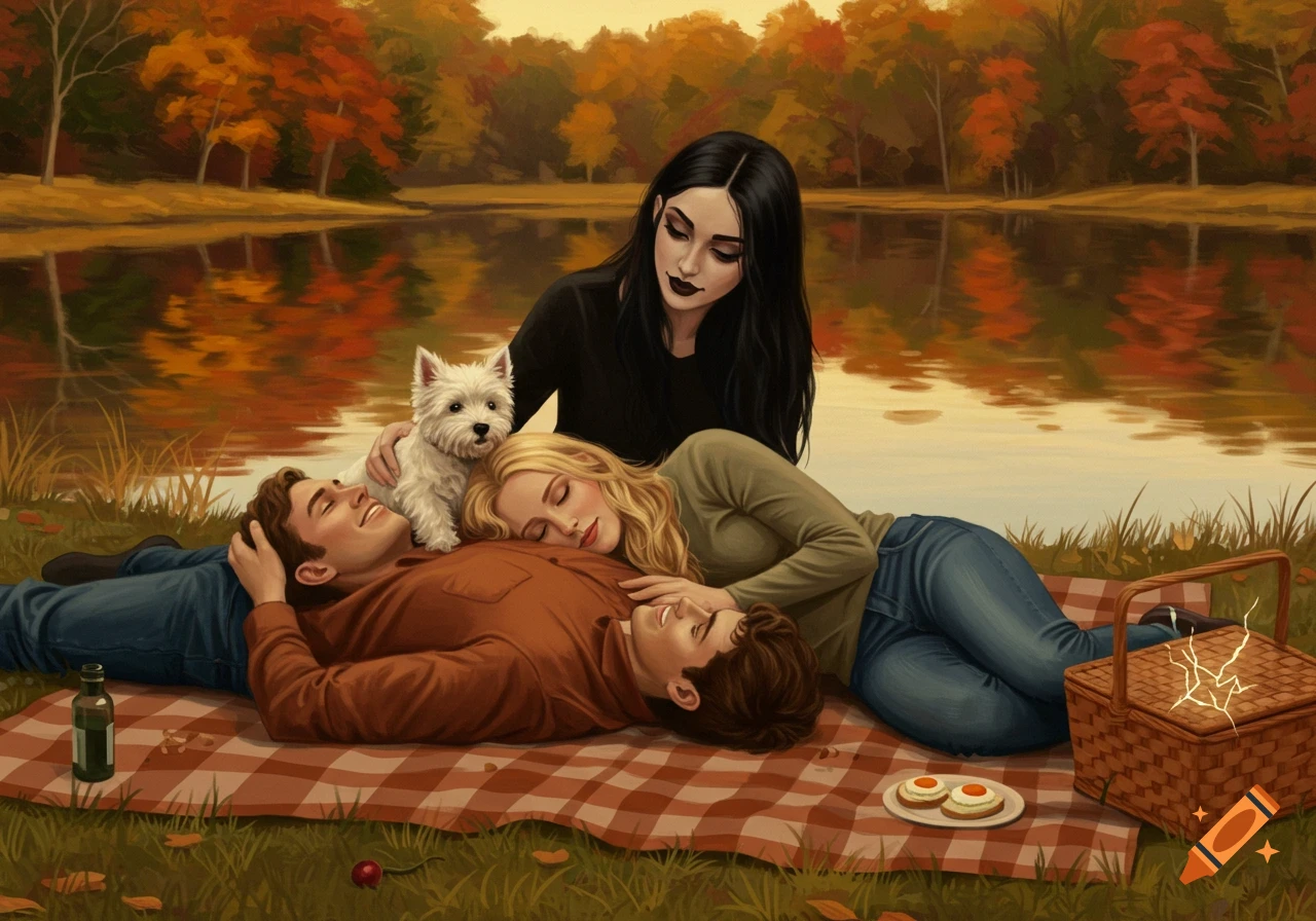 Painterly scene of three young adults and a West Highland Terrier on a picnic blanket by an autumn lake, with a glowing portal nearby.