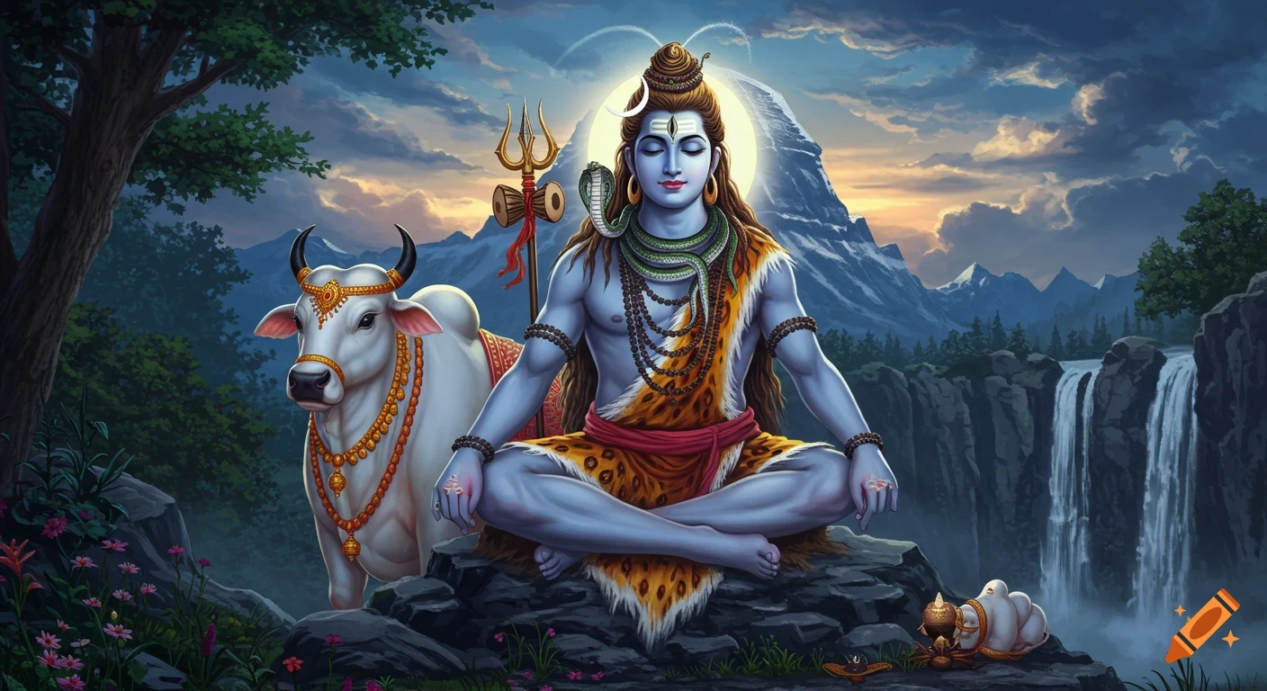 Lord Shiva meditates on a rock with Nandi the bull, surrounded by a waterfall, mountains, and trees under a sunset sky. Digital art.