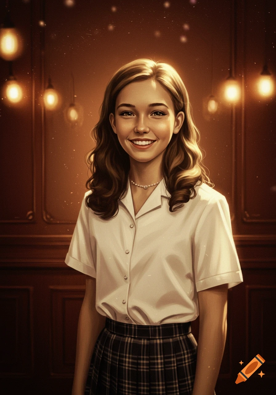 An illustrative portrait of a smiling young woman with wavy brown hair, wearing a white shirt and plaid skirt, against a warm, softly lit background.