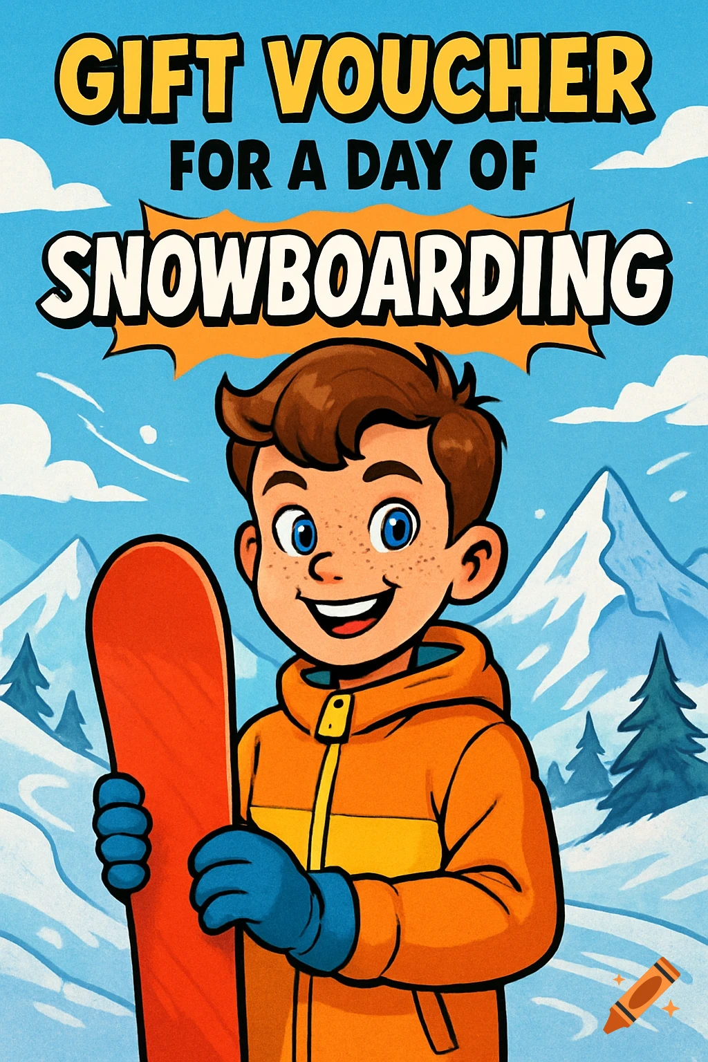 A comic illustration of a smiling boy in an orange jacket holding a red snowboard against a snowy mountain backdrop. Text reads 'Gift Voucher for a Day of Snowboarding'.
