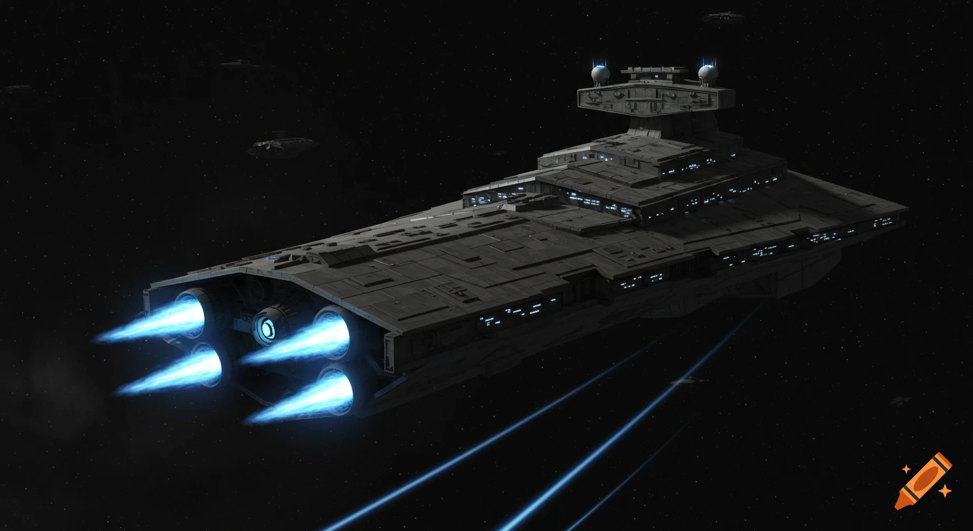 A dark gray spaceship, like a Star Destroyer, flies through deep space with bright blue engine thrusters. Cinematic 3D render.