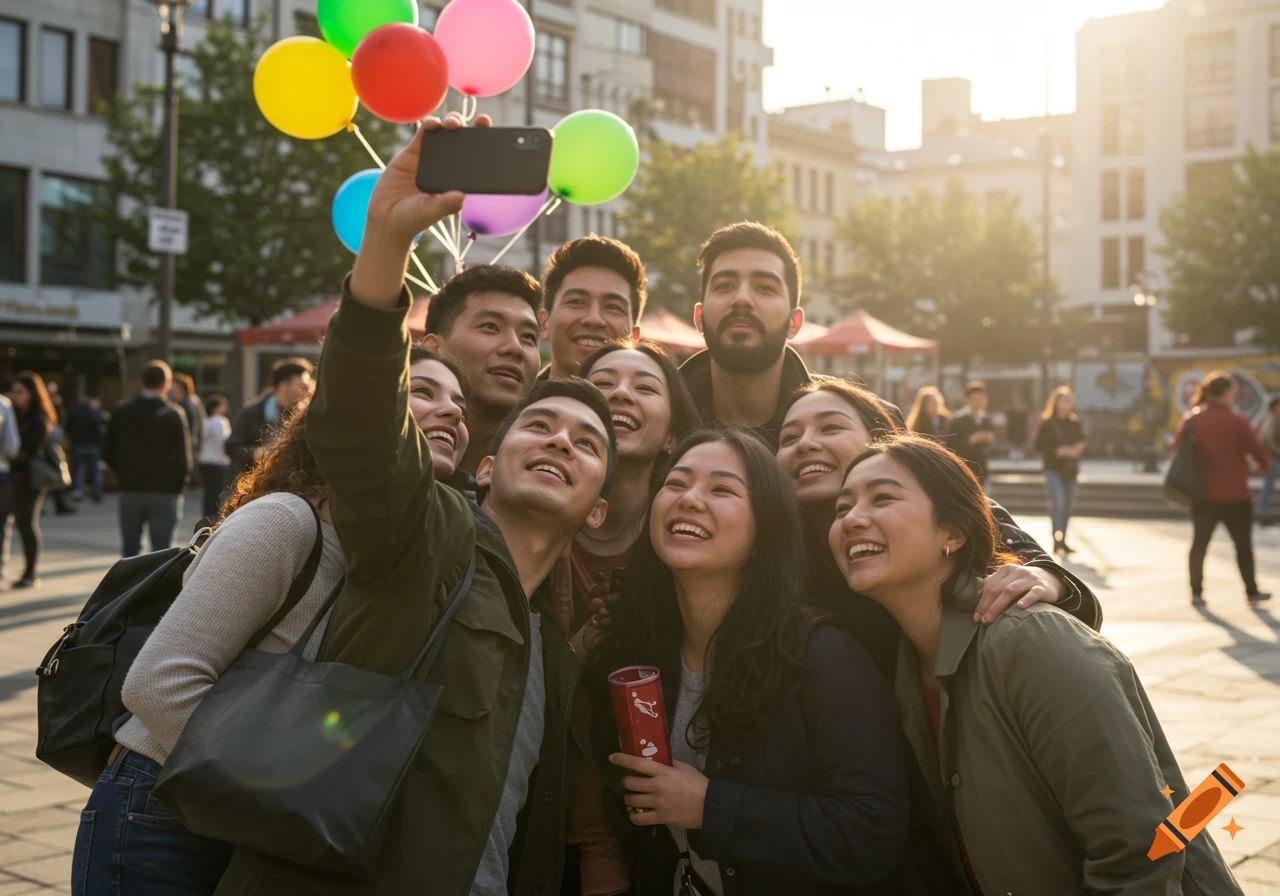 A diverse group of young adults smiling and taking a selfie with colorful balloons on a sunny city street.
