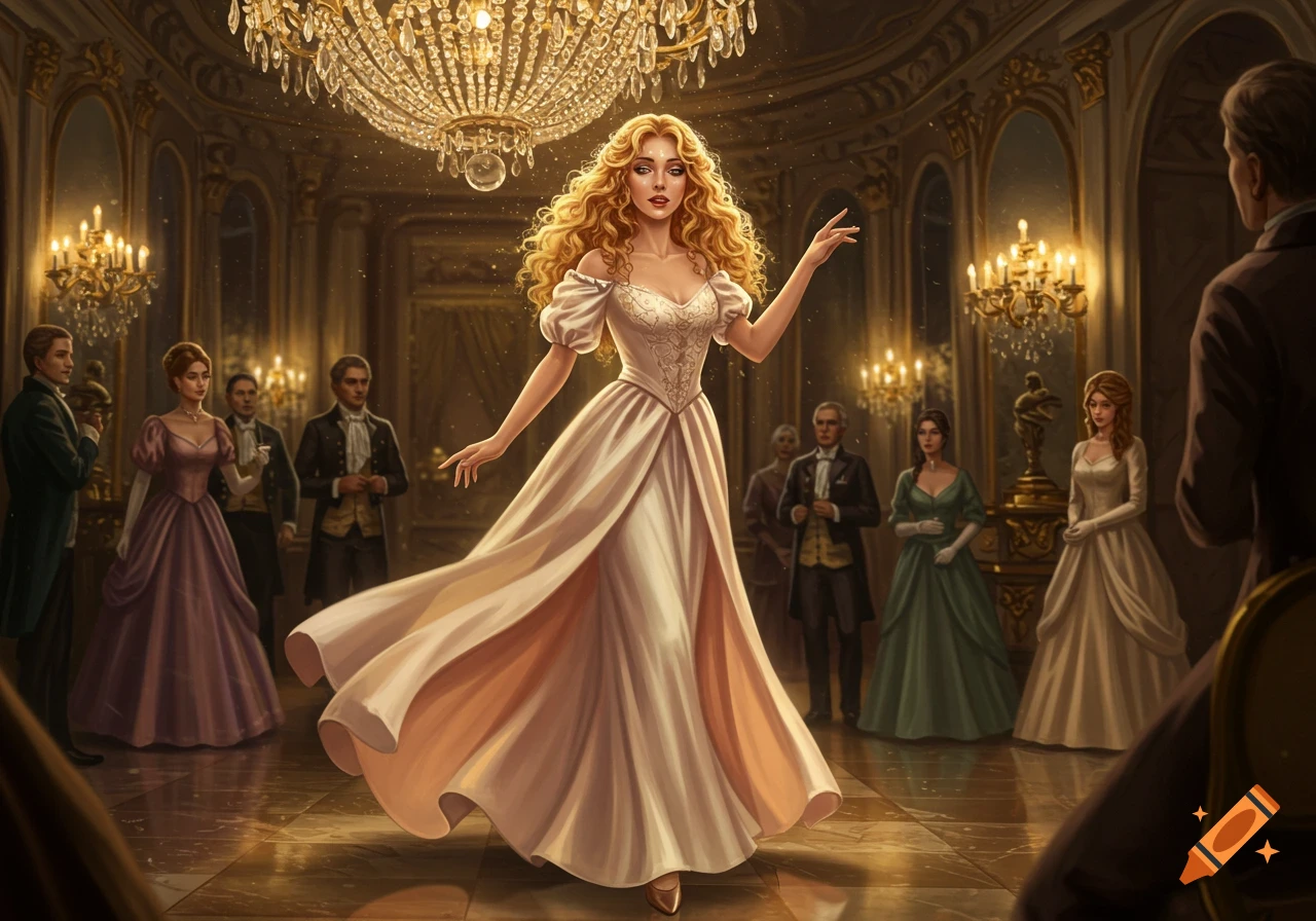 A beautiful woman with long, curly blonde hair in a flowing white gown poses in a grand, chandelier-lit ballroom.