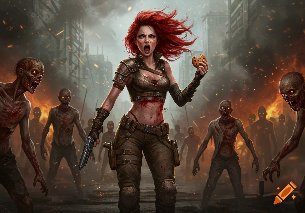 Red-haired woman in combat gear yells, holding a gun and cookie, surrounded by attacking zombies in a burning, destroyed city.
