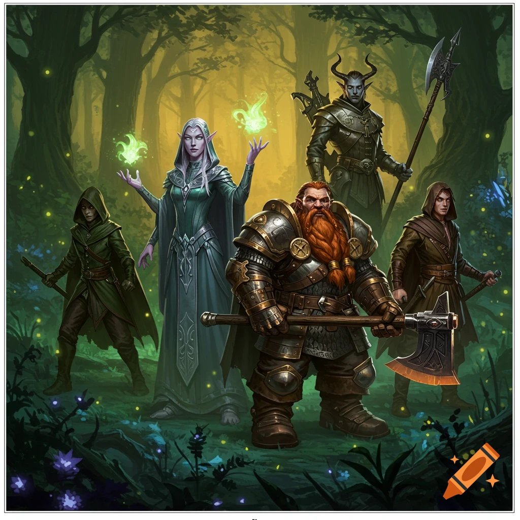 Five fantasy characters, including an elf, a dwarf, and a horned figure, stand in a mystical, glowing forest.
