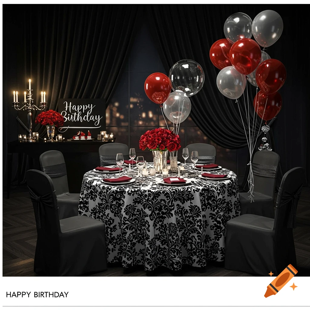 Elegant birthday table setting with black and white tablecloth, red roses, candles, and red and silver balloons in a dim room with city lights.