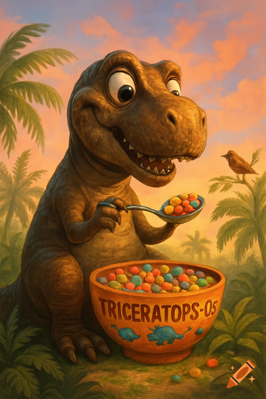 A happy cartoon T-Rex eats colorful cereal from a bowl labeled "TRICERATOPS-05" in a jungle at sunset.