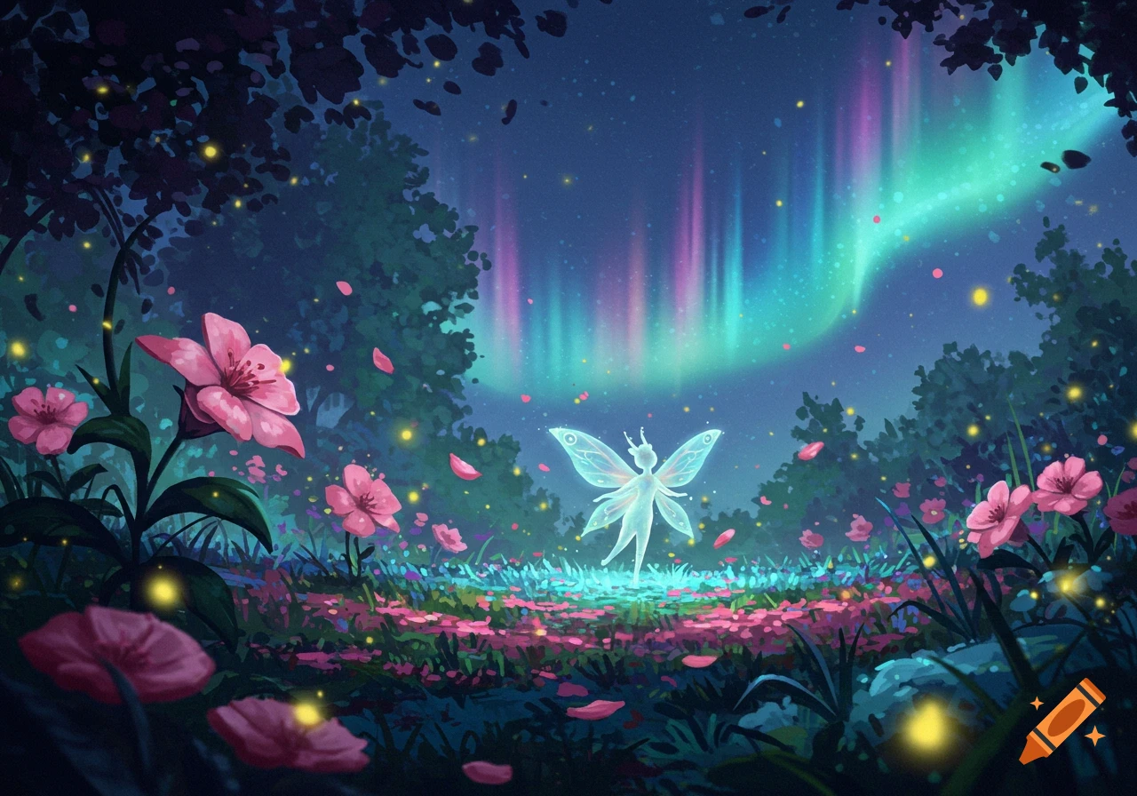 A glowing fairy stands in a magical forest with pink flowers and fireflies, under a vibrant aurora borealis sky.