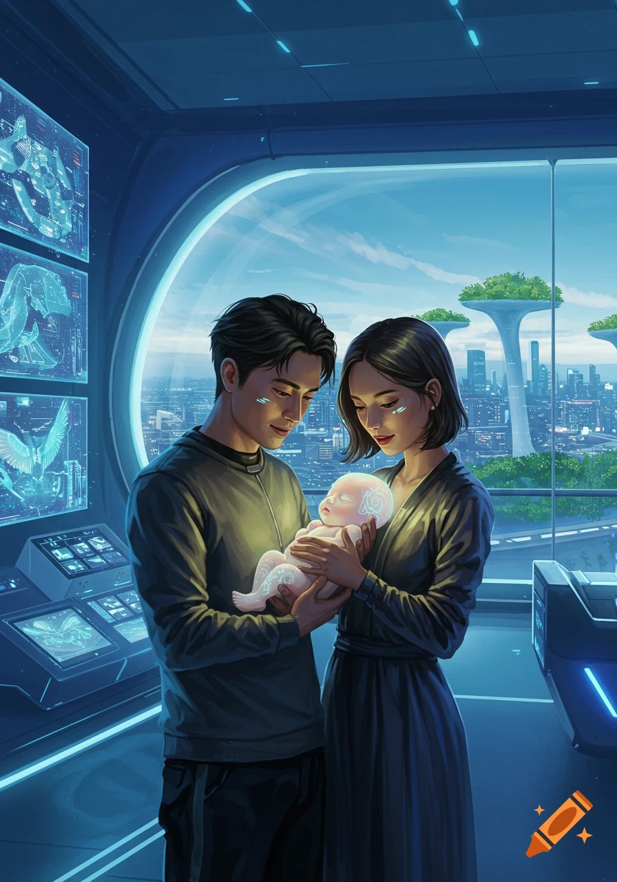 A futuristic digital painting of a couple holding a glowing baby in a high-tech room overlooking a sci-fi city.