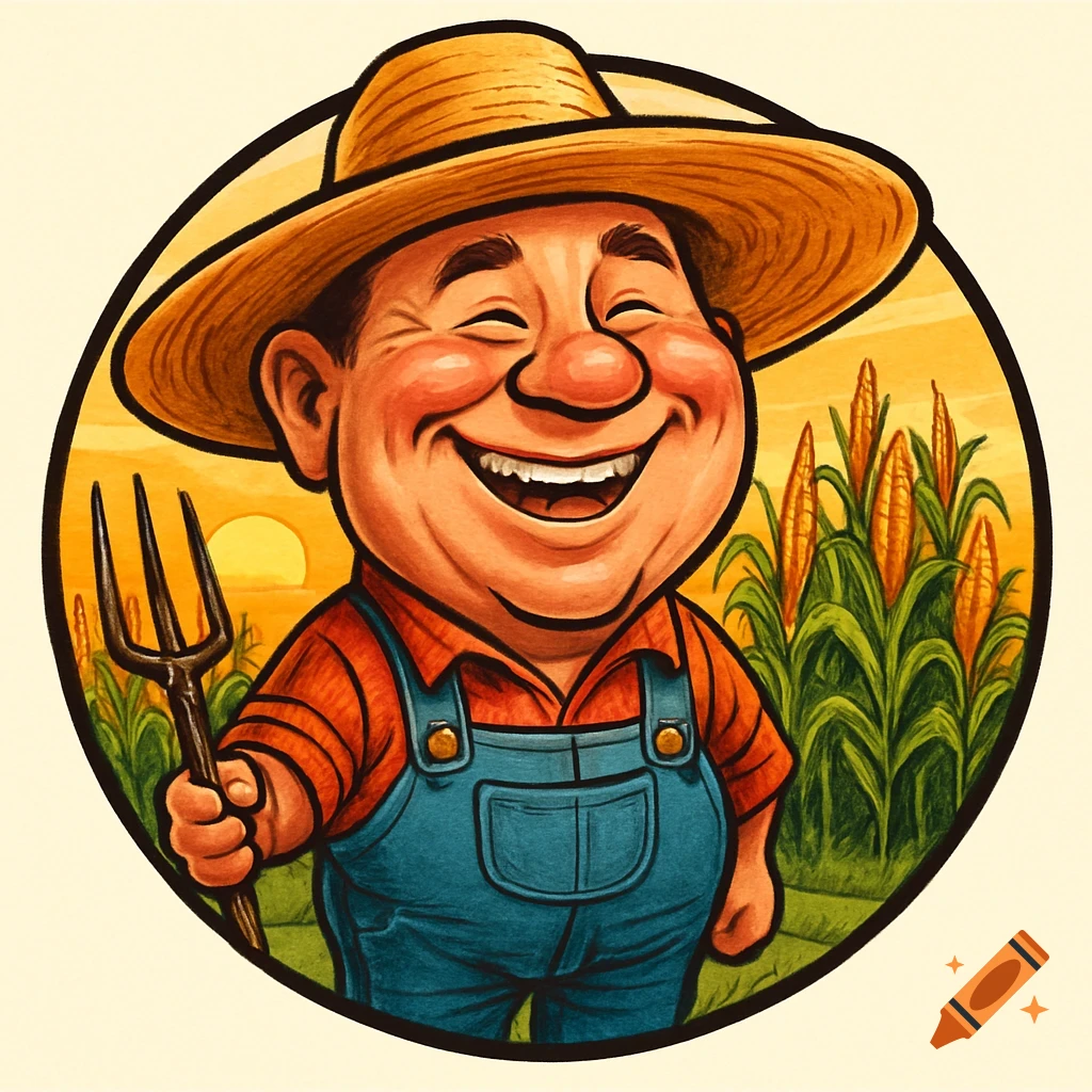A cheerful cartoon farmer in a straw hat and overalls, holding a pitchfork, stands in a cornfield with a sunset backdrop.