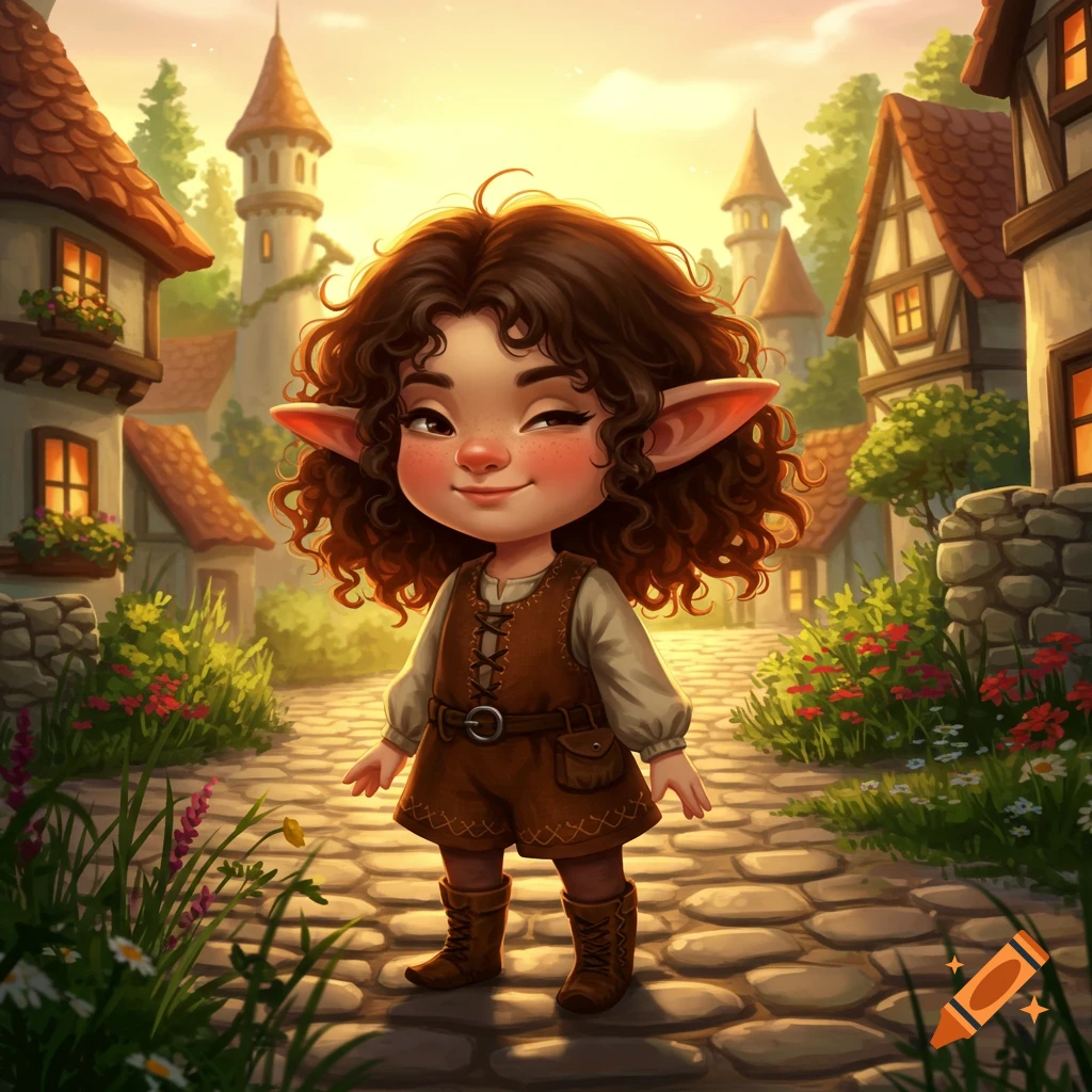 A cute, curly-haired gnome winking, standing on a cobblestone path in a charming fantasy village at sunset.