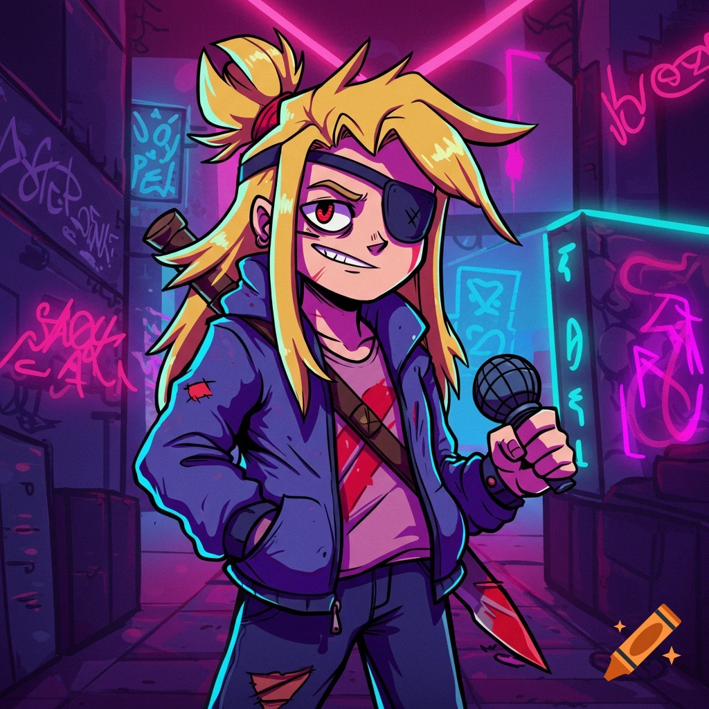 A stylized cartoon character with blonde hair, an eyepatch, and a knife on their back holds a microphone in a neon-lit urban alley.