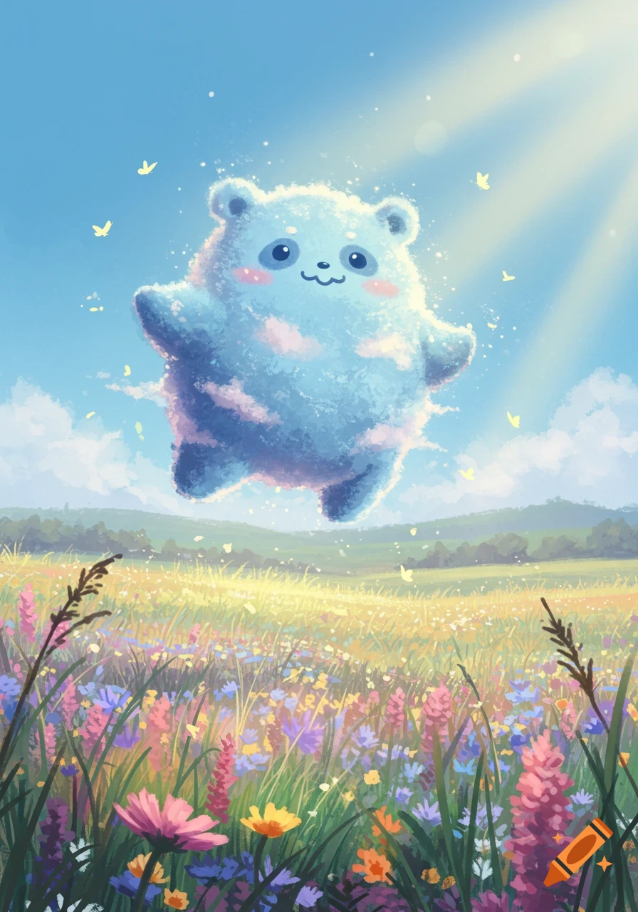 A whimsical blue cloud creature with a panda face floats above a vibrant meadow of wildflowers under a sunny sky.