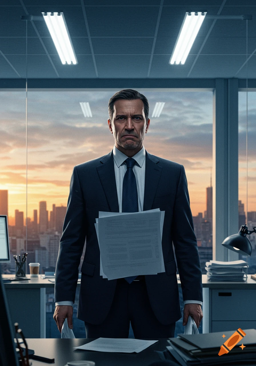A stressed man in a suit holds papers in a modern office with a city skyline at sunset.