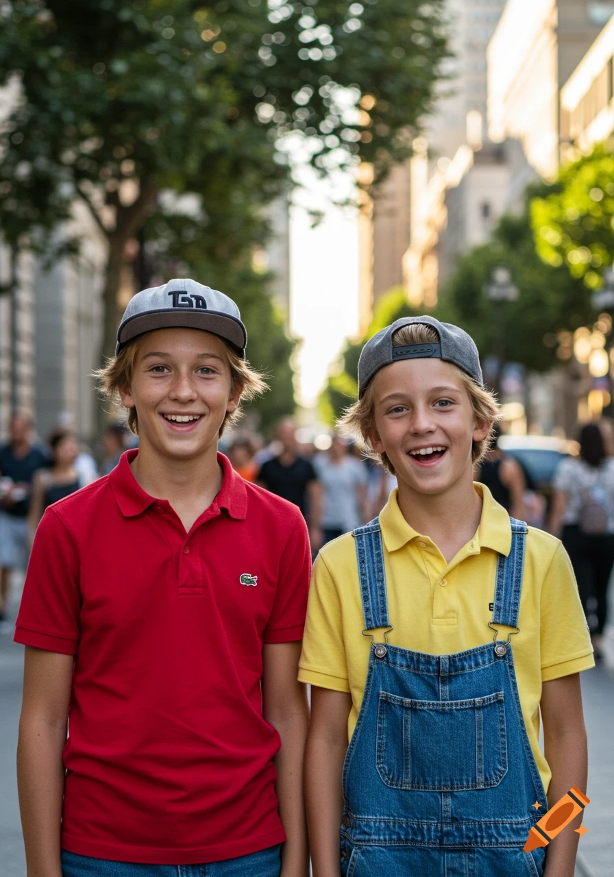Two smiling boys in baseball caps, polo shirts, and overalls stand on a bustling city street.