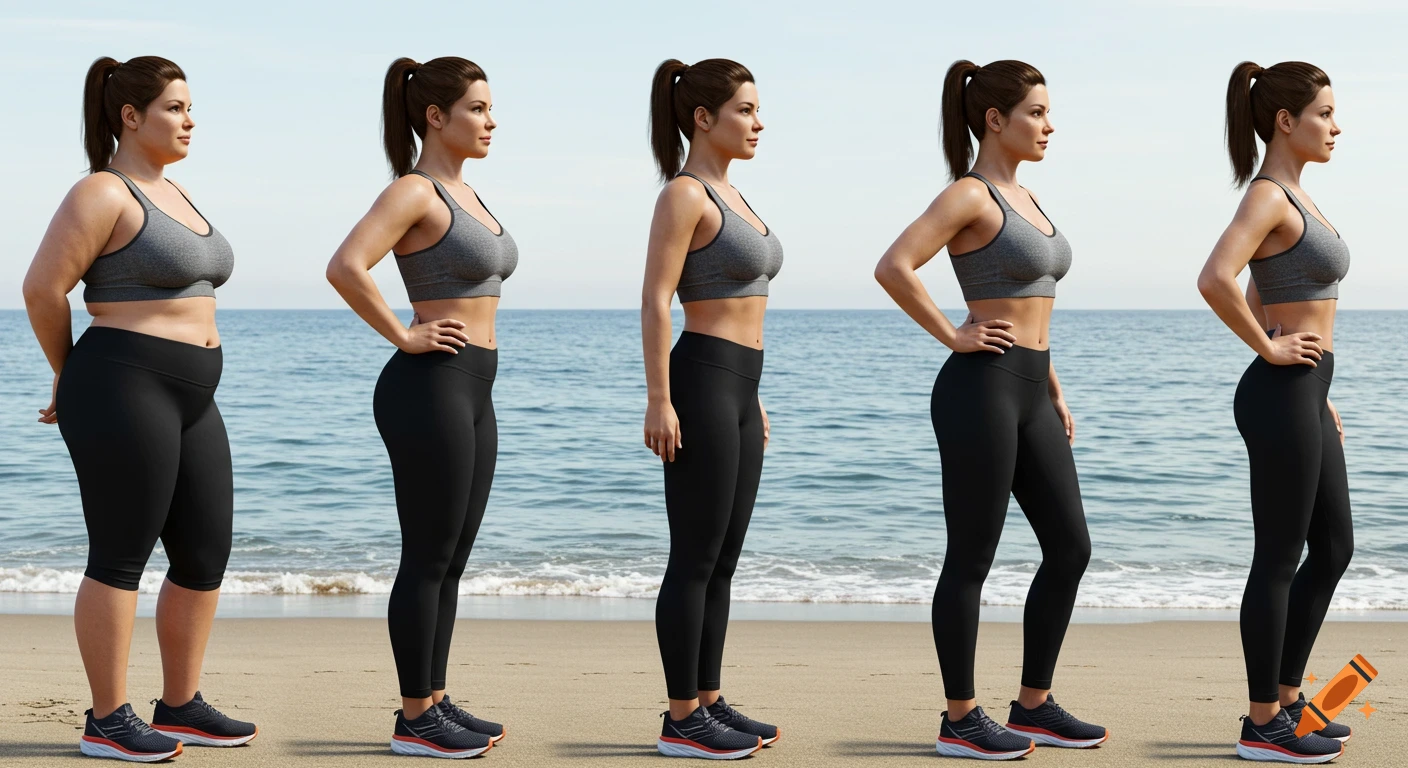 A woman on a beach in six stages of body transformation, from overweight to slim and toned, wearing a sports bra and leggings.