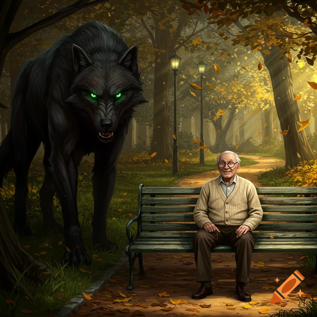 Elderly man smiling on a park bench, next to a menacing black wolf with glowing green eyes. Autumn fantasy illustration.