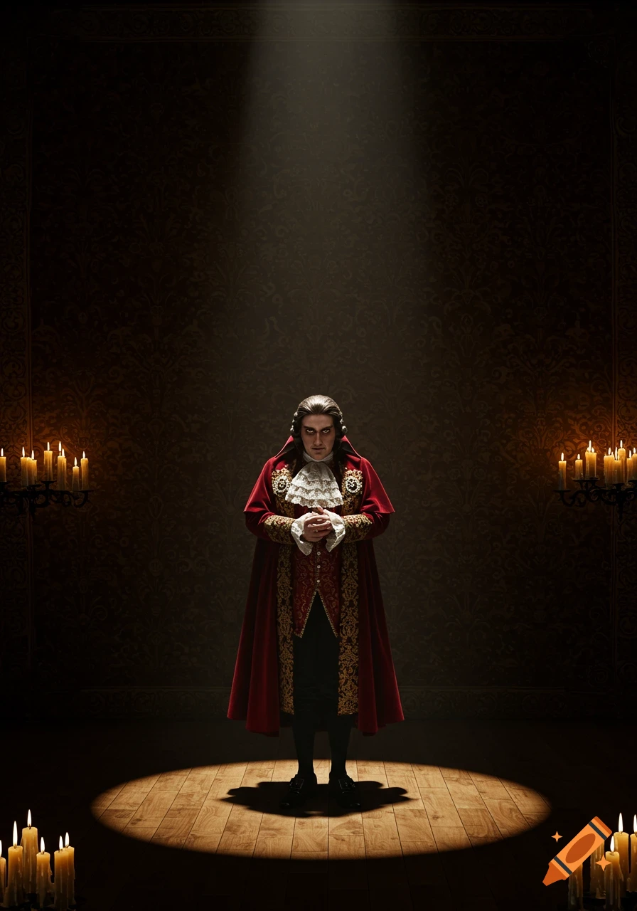 A man in a rich red and gold baroque costume stands in a dramatic ...