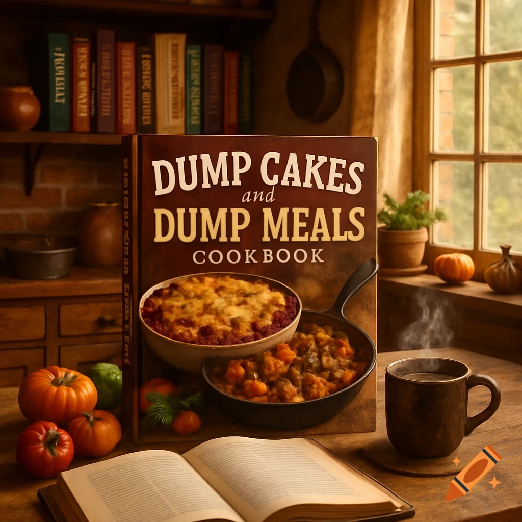 A photorealistic image of a 'Dump Cakes and Dump Meals Cookbook' on a rustic kitchen table, surrounded by prepared food, pumpkins, a steaming mug, and an open book.