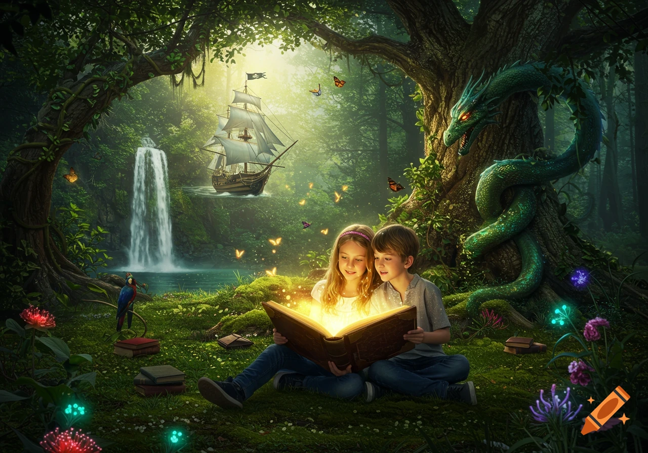 Two children gaze at a glowing book in a magical forest with a waterfall, flying ship, and a green dragon wrapped around a tree.