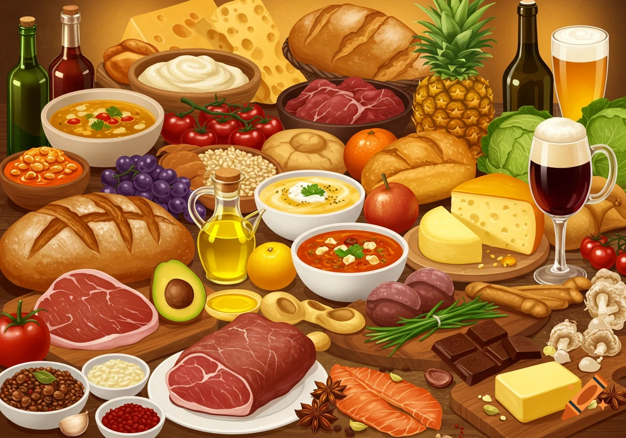 An abundant spread of diverse foods including meats, cheeses, bread, fruits, vegetables, soups, oils, wine, and beer on a wooden table.