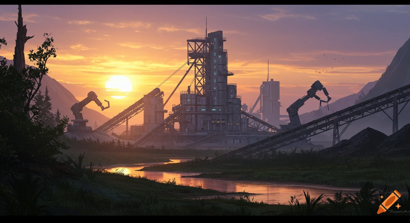 A futuristic industrial mining facility with large cranes and conveyor belts in a forest landscape at sunset, with a river reflecting the orange sky.