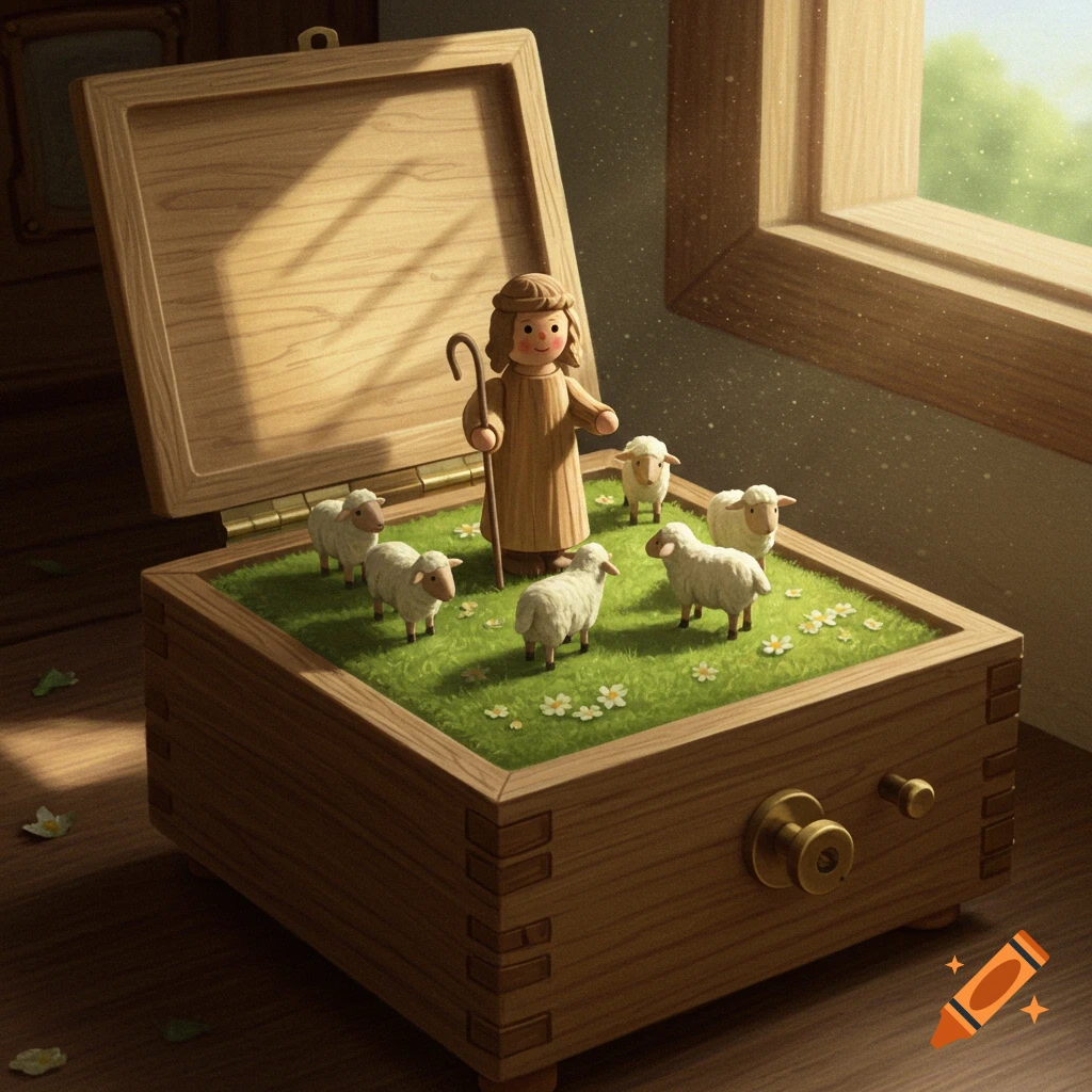 A wooden music box with an open lid reveals a shepherd figurine and sheep on a green grassy base with tiny flowers.