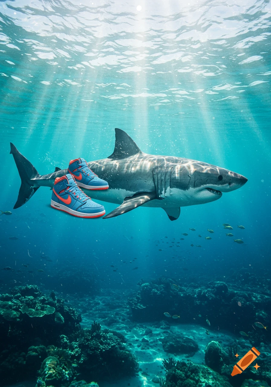 A great white shark swims in a sunlit ocean, with blue and orange high-top sneakers floating near its back. Coral below.