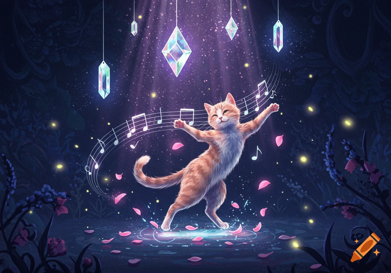 A cute orange and white cat dances under glowing crystals and sparkling light, surrounded by musical notes and pink petals in a magical dark forest.