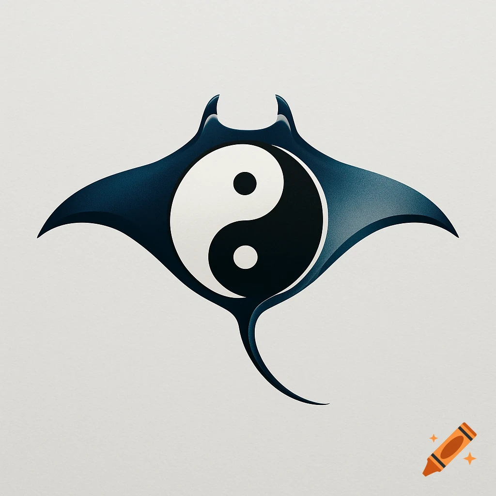 Stylized dark blue manta ray logo with a black and white yin-yang symbol at its center on a light background.