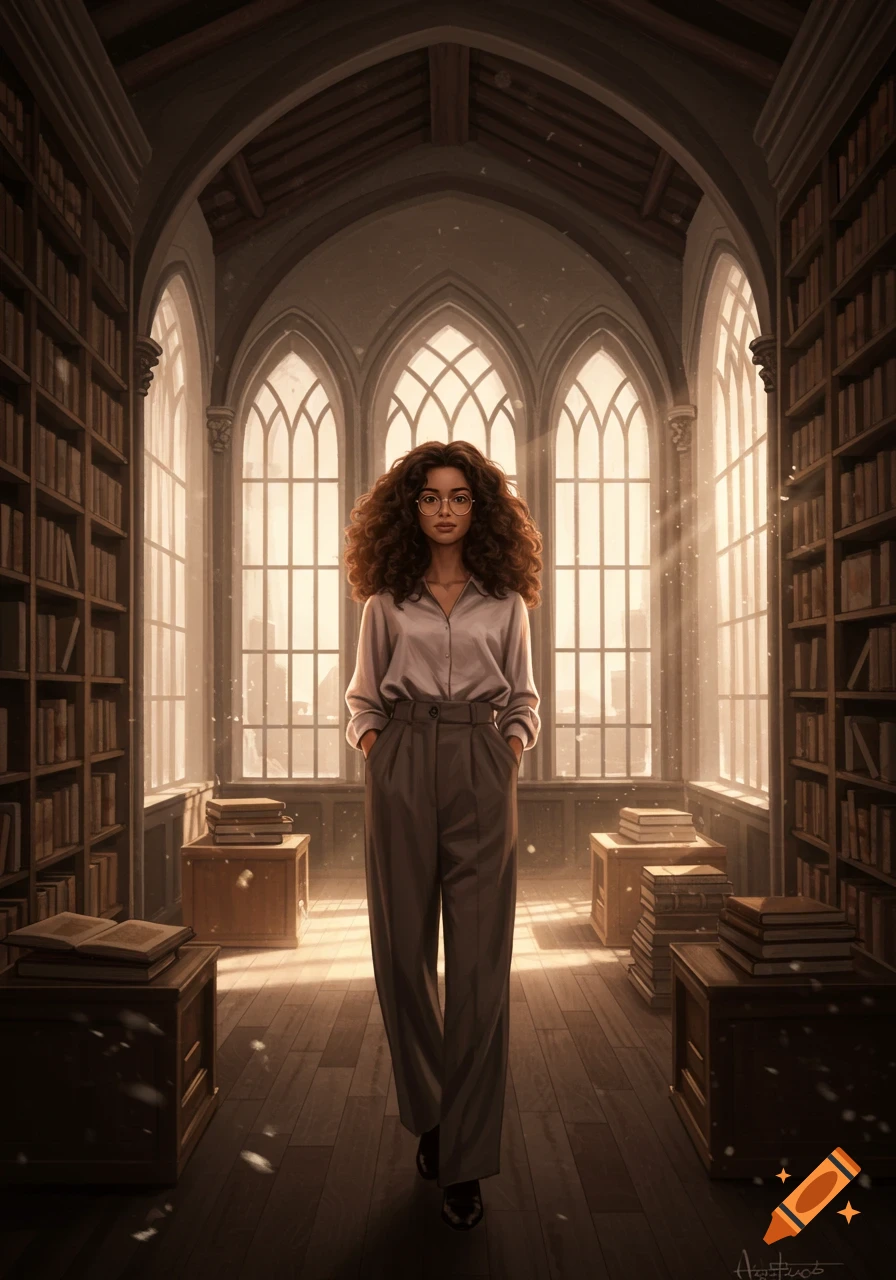 An illustration of a woman with curly brown hair and glasses standing in a grand library with tall arched windows.