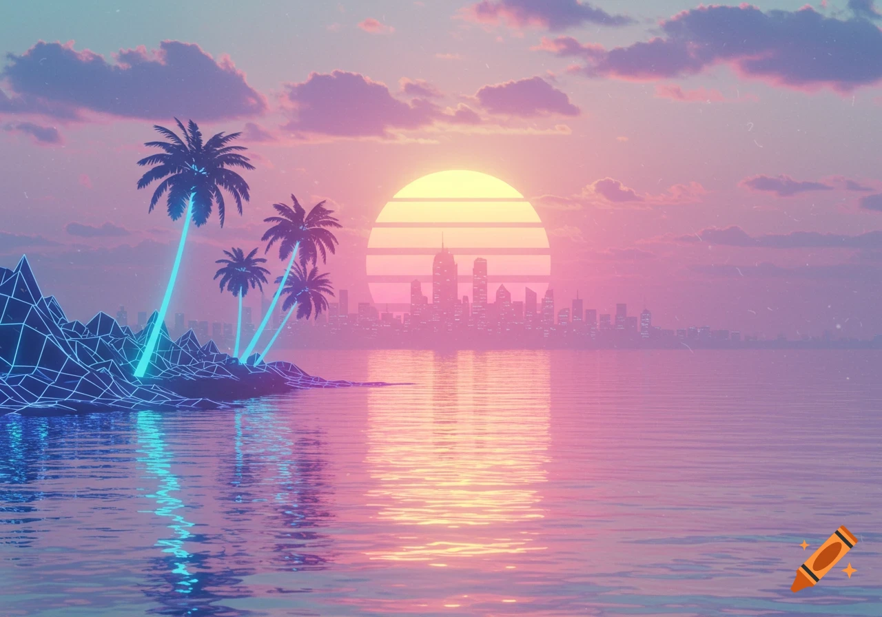 Vaporwave landscape with wireframe mountains, glowing palm trees, a sunset, and a city skyline reflecting on the water.