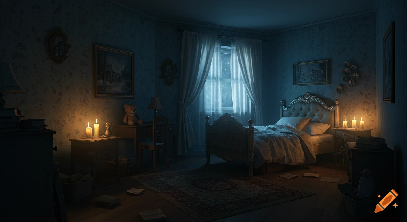 A dimly lit bedroom at night, illuminated by candles, with a large ornate bed, a window, and old-fashioned furniture.