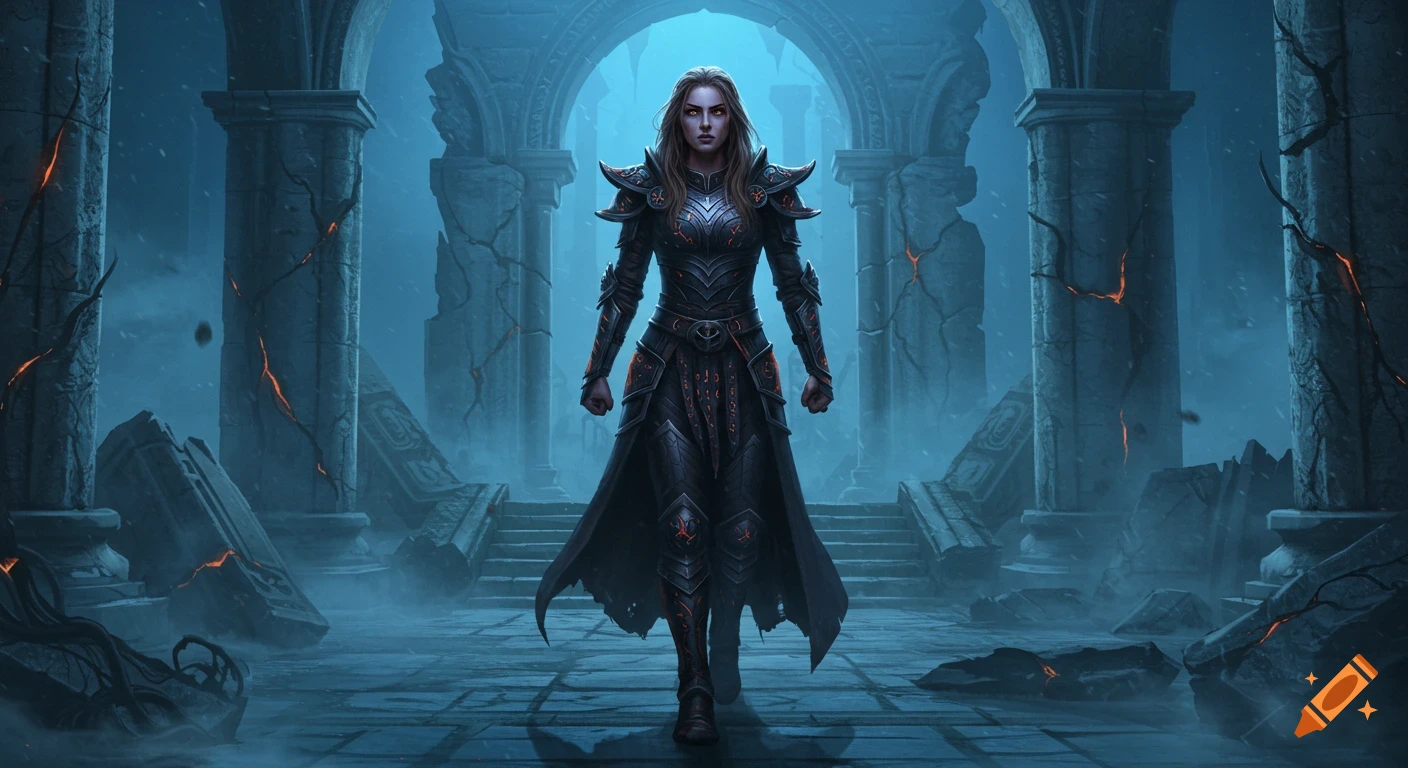 A powerful female warrior in dark armor stands in a ruined ancient temple amidst swirling mist, rendered in a realistic fantasy style.