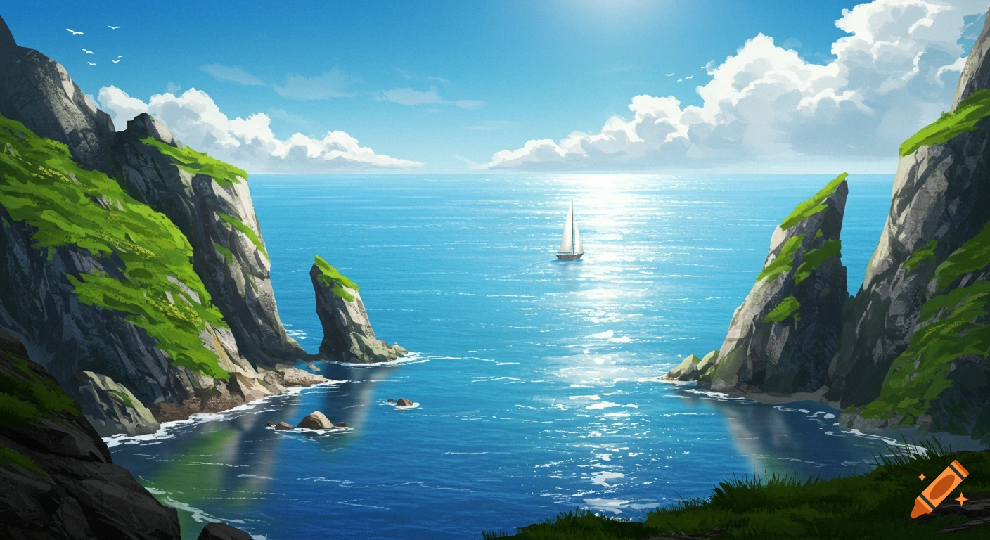 Stylized painting of a sailboat on a bright blue sea, framed by green-topped steep cliffs under a sunny sky with white clouds.