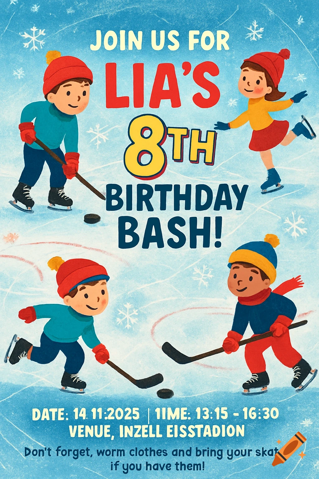 Cartoon ice hockey birthday invitation for Lia's 8th, featuring kids skating on a blue rink with snowflakes.