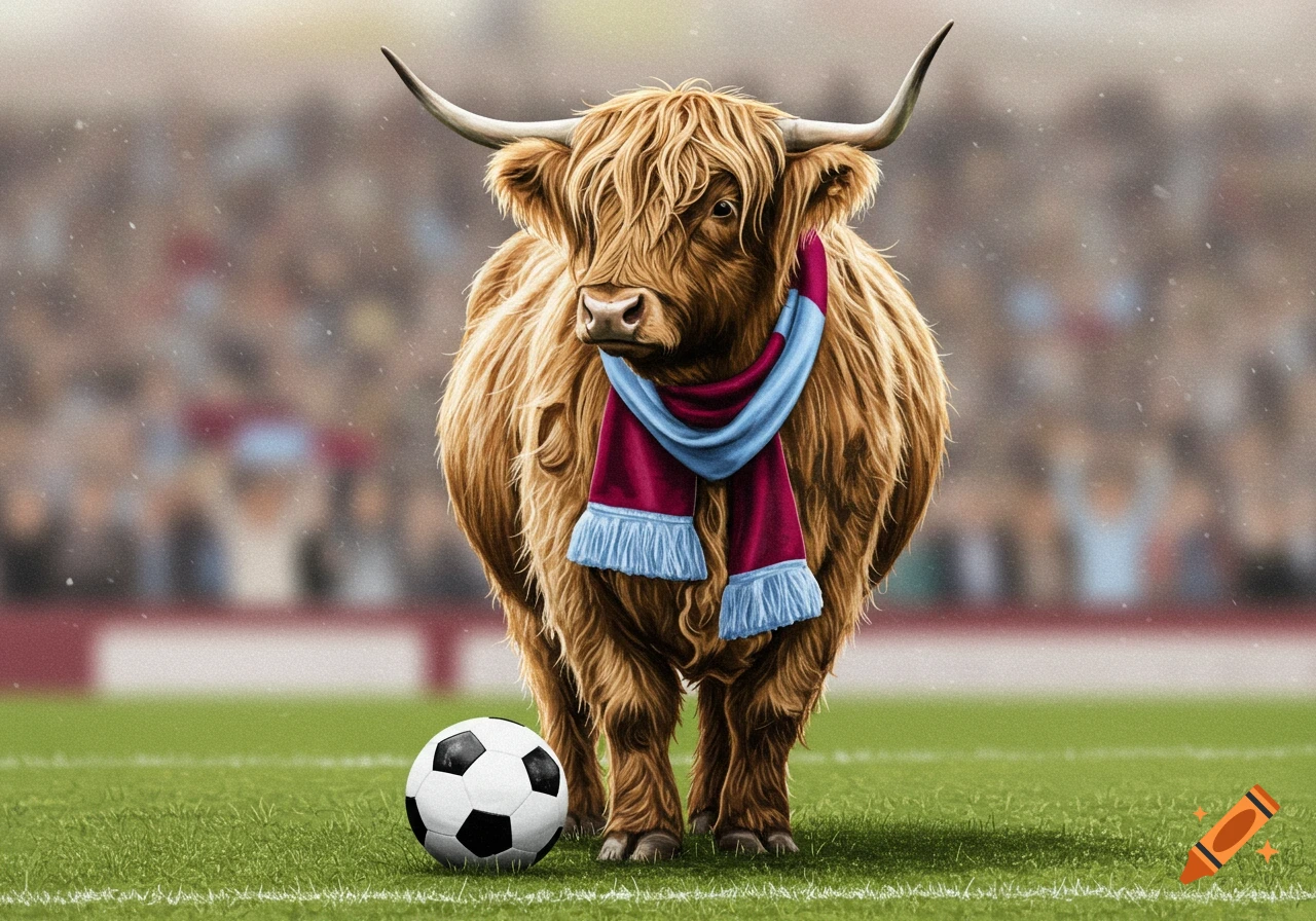 A shaggy Highland cow wearing a maroon and light blue scarf stands on a green football field next to a soccer ball, with blurred stadium seats in the background.