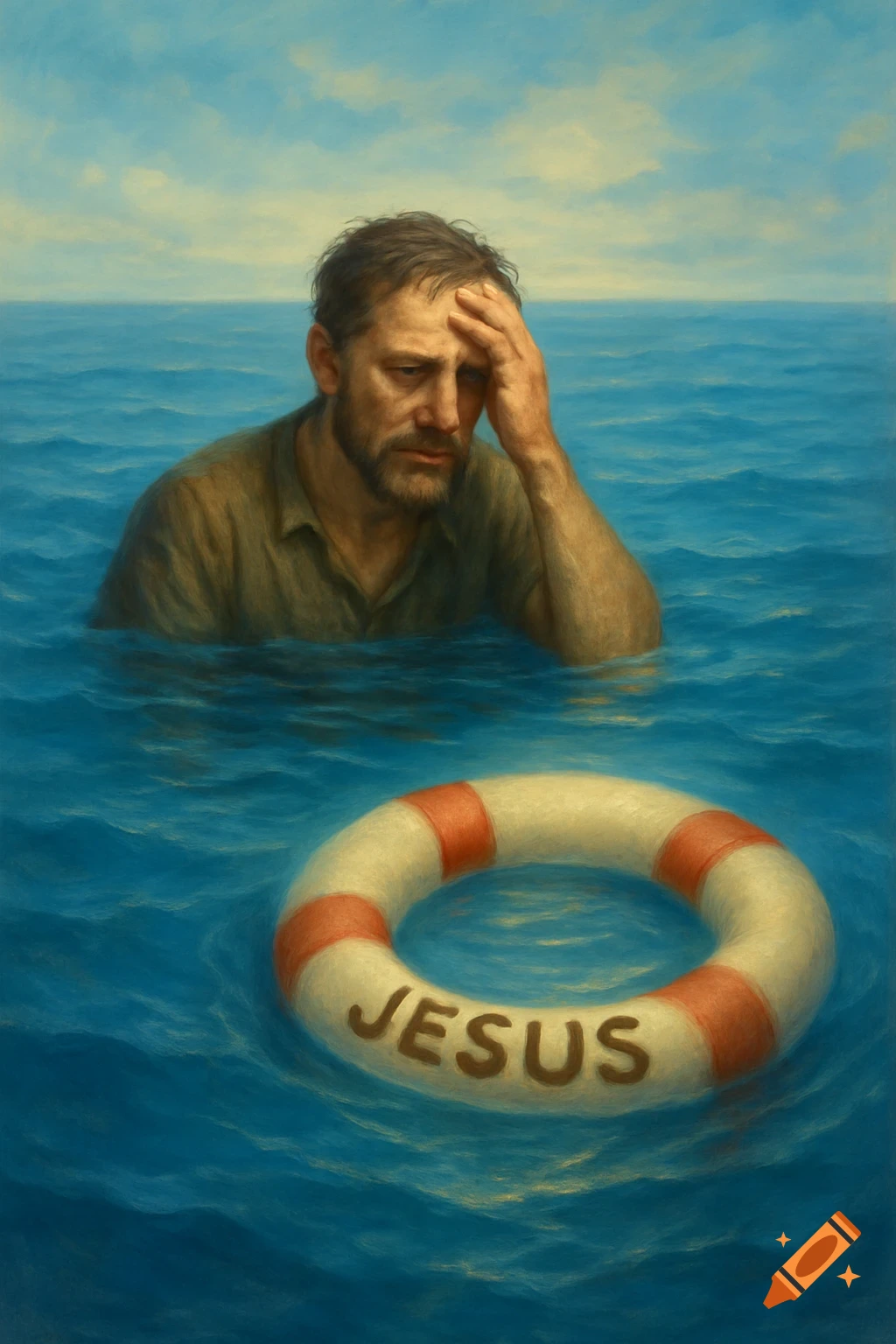 A distressed man in the ocean, hand on his head, floats near a life preserver labeled 'Jesus'. Painting.