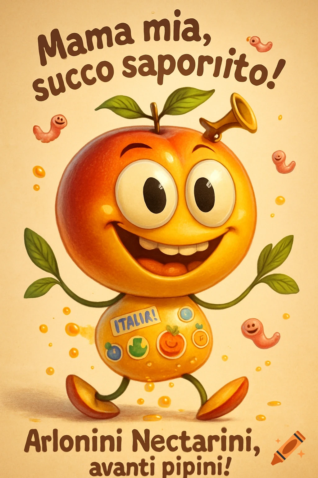 Happy cartoon nectarine character with big eyes, tiny trumpet hat, surrounded by worms and nectar drops, against a beige background.