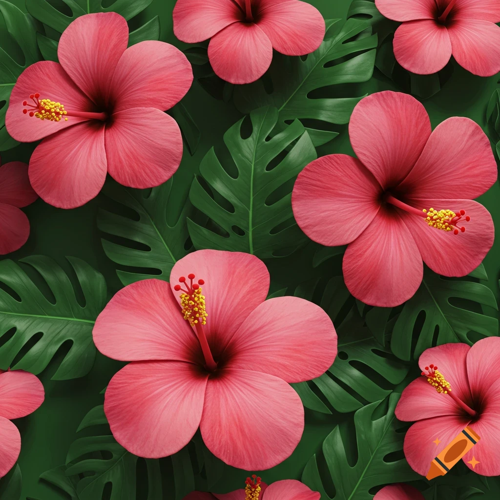 Seamless pattern of vibrant pink hibiscus flowers with yellow stamens and dark green monstera leaves.
