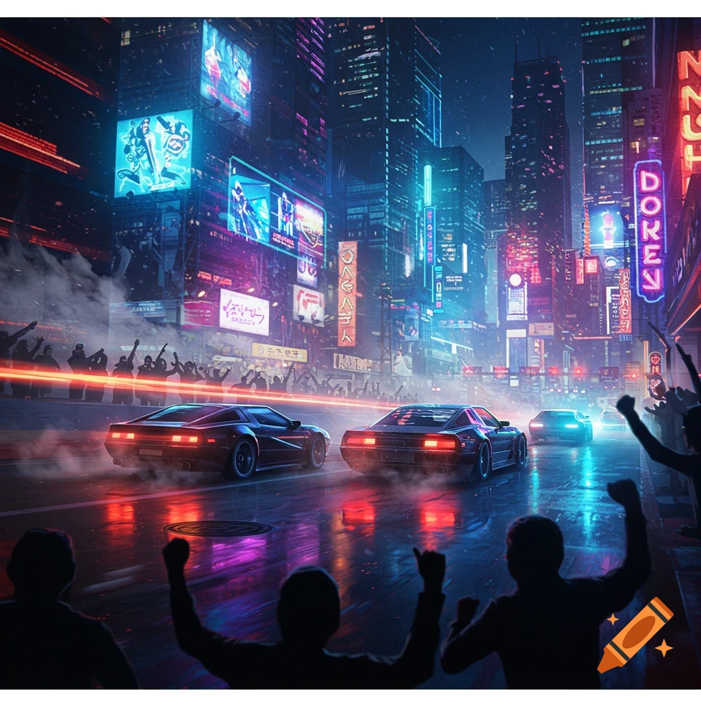 Two sleek cars race through a neon-lit cyberpunk city street at night, with spectators cheering from the sidelines.