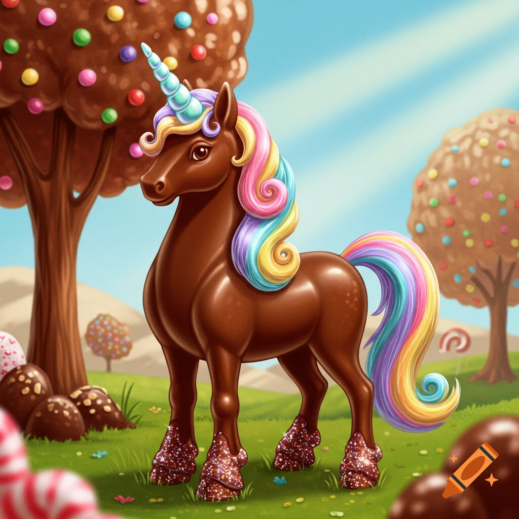 A milk chocolate unicorn with a rainbow mane, sparkling hooves, and a single horn stands in a whimsical candy land.