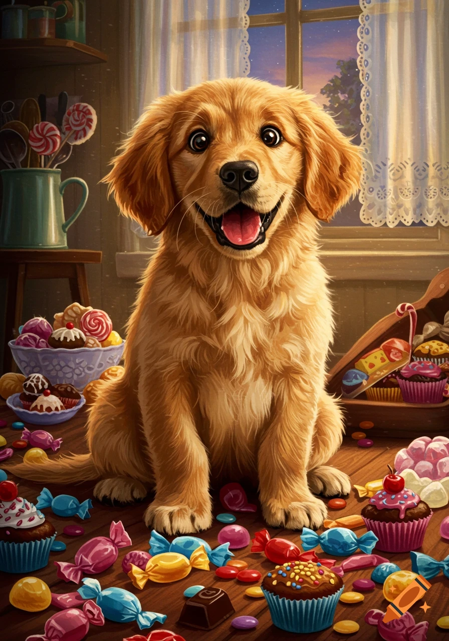 A cheerful golden retriever puppy sits amidst colorful candies and cupcakes on a wooden floor, digital illustration.