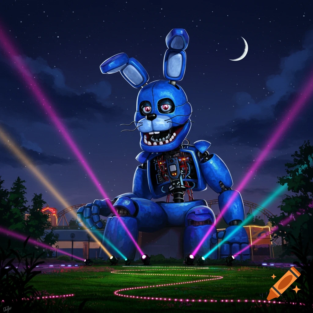 A giant blue animatronic rabbit, Bonnie, sits in a grassy amusement park at night, illuminated by colorful spotlights under a crescent moon.